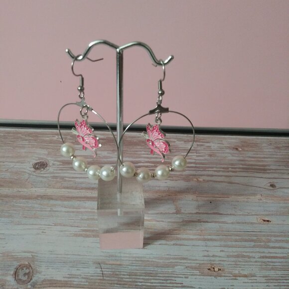 Hypoallergenic Silver Hoop Earrings with Breast Cancer Ribbon/Butterfly - Picture 3 of 5